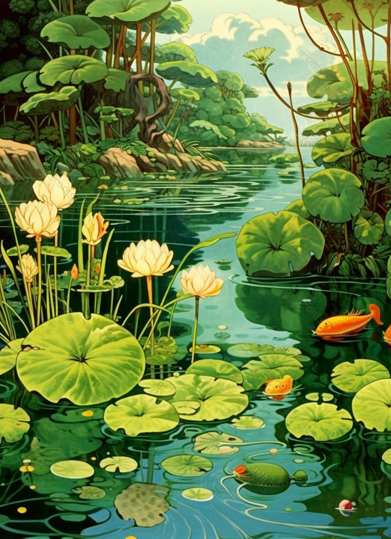 绿色环境的夏天池塘里的荷叶荷花背景,插画/手绘图,插画/手绘图库,插画/手绘图下载,插画/手绘